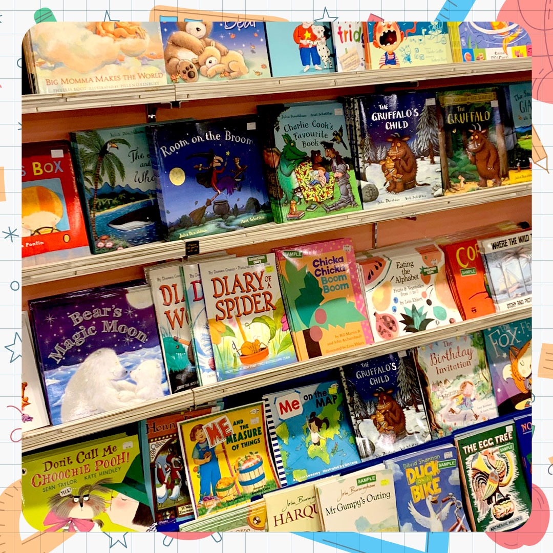 Shelves filled with a diverse collection of colorful children's books.