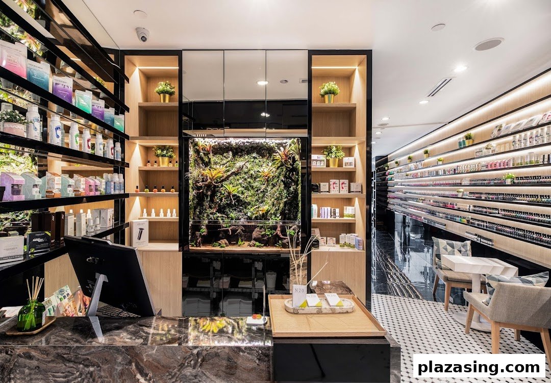Modern and well-lit interior of N20 Nail Spa, featuring extensive product displays, a reception counter, and comfortable seating.