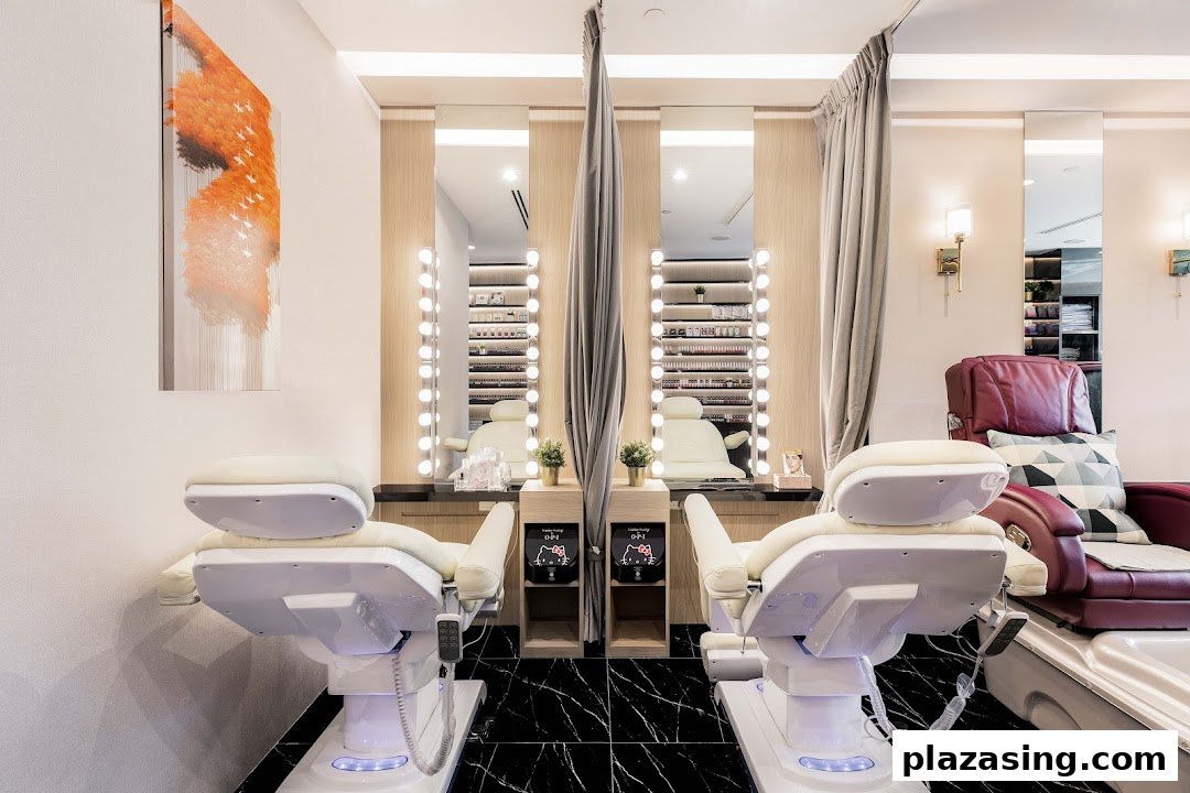 Bright and modern nail spa interior with comfortable treatment chairs, vanity mirrors, and nail polish displays.