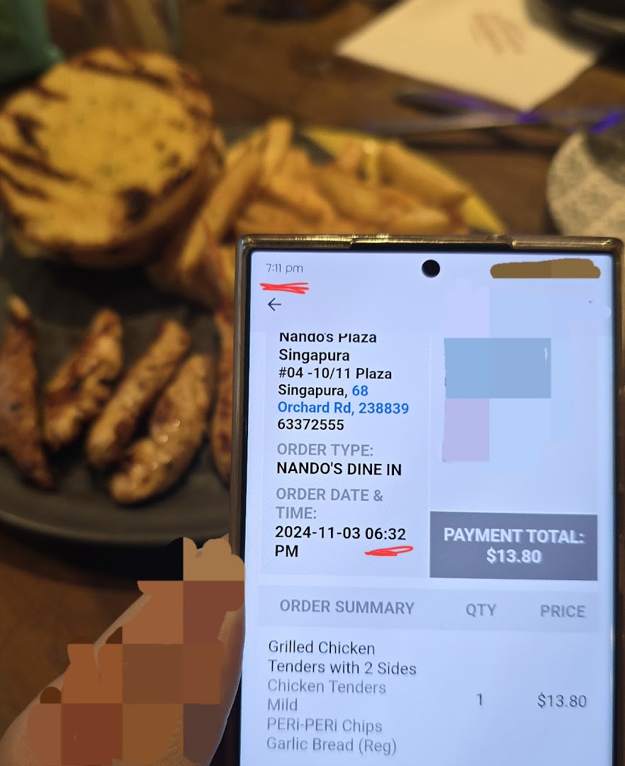A digital order summary from Nando's Plaza Singapura showing grilled chicken tenders and sides.