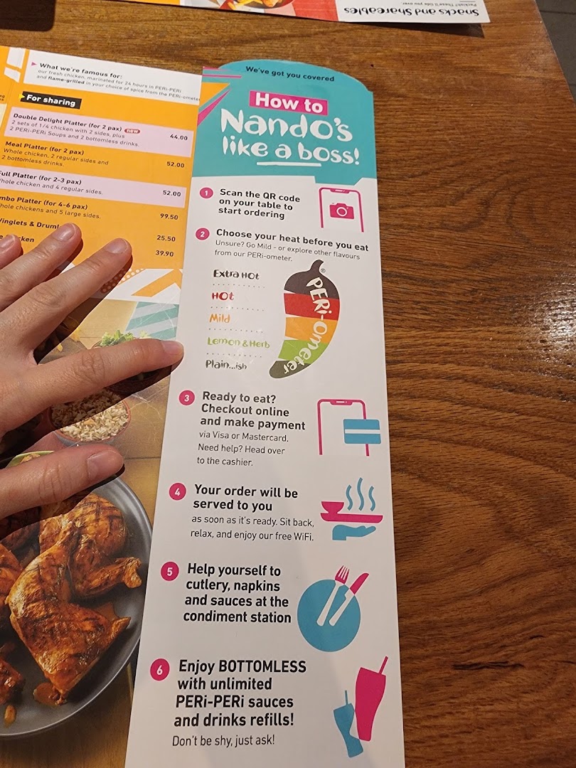 A Nando's menu displaying PERi-PERi chicken platters, prices, and ordering instructions.