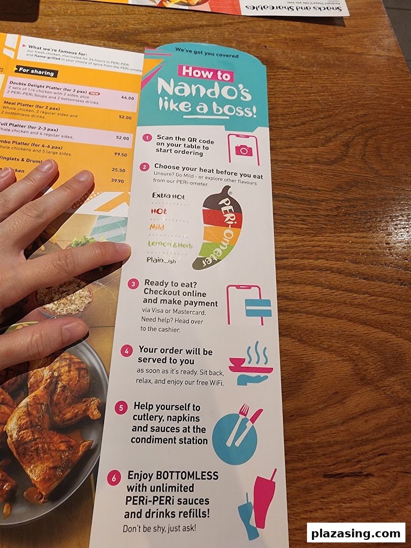 A Nando's menu displaying PERi-PERi chicken platters, prices, and ordering instructions.
