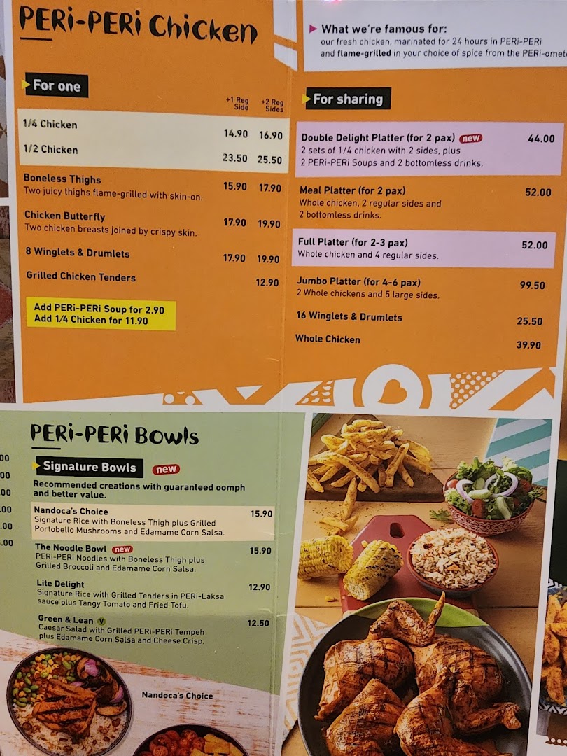 A detailed menu displaying PERi-PERi chicken and bowl options with prices and descriptions.