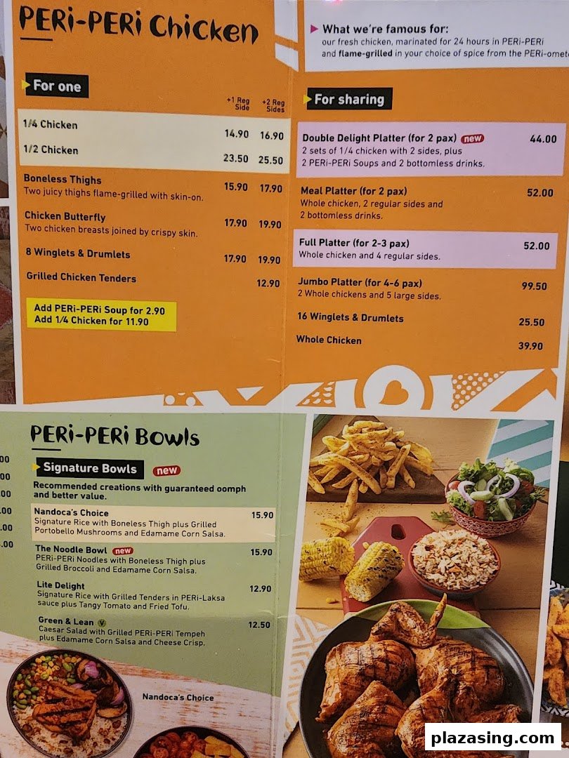 A detailed menu displaying PERi-PERi chicken and bowl options with prices and descriptions.