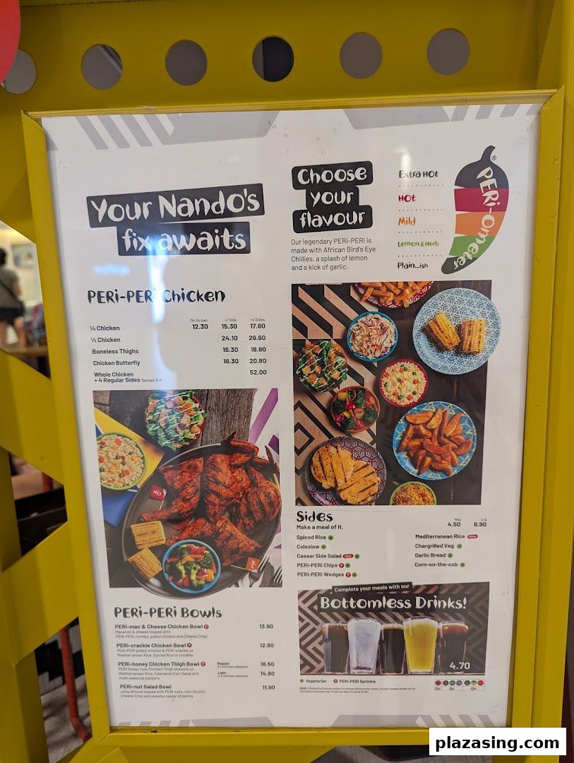 A vibrant Nando's menu board showcasing PERi-PERi chicken, bowls, sides, and bottomless drinks.