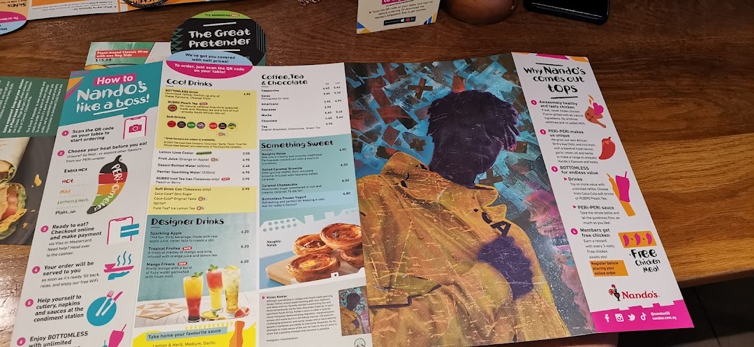 A vibrant Nando's menu displaying PERi-PERi chicken options, drinks, and desserts.