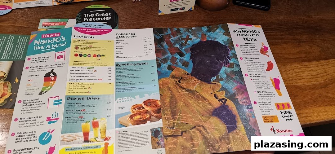 A vibrant Nando's menu displaying PERi-PERi chicken options, drinks, and desserts.