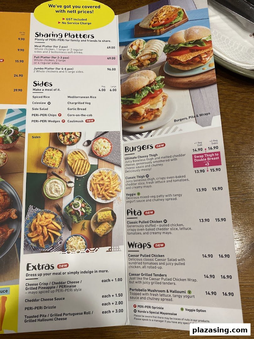 A detailed Nando's menu displaying sharing platters, sides, burgers, pitas, wraps, and extras with prices.