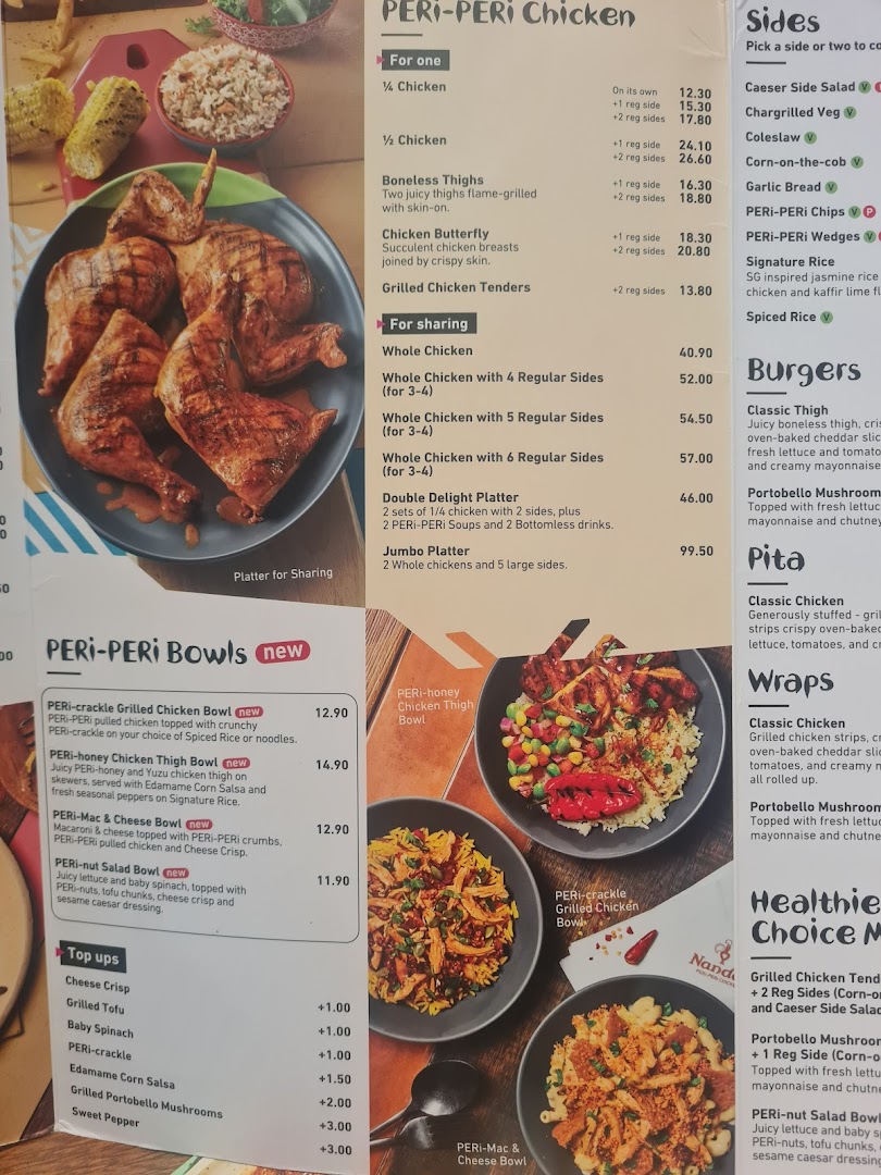 A detailed menu displaying PERi-PERi chicken, bowls, sides, burgers, pita, and wraps.