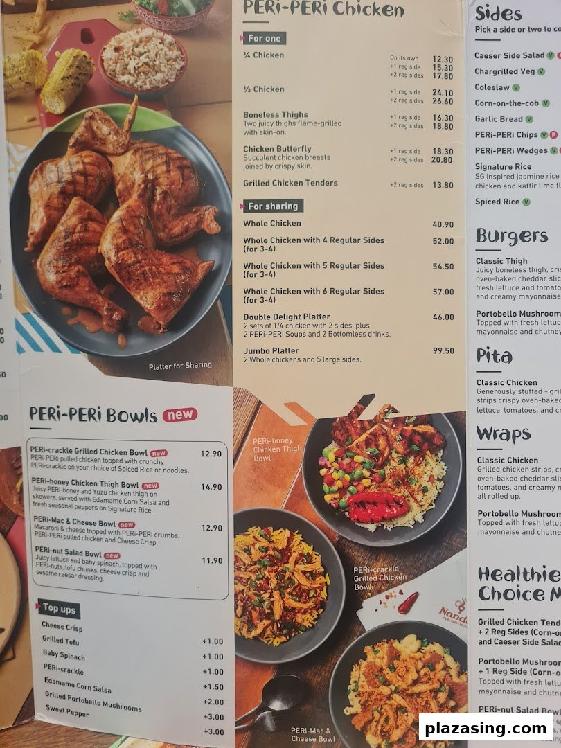 A detailed menu displaying PERi-PERi chicken, bowls, sides, burgers, pita, and wraps.