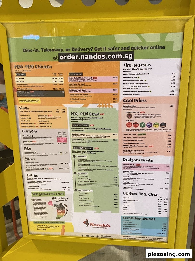 A detailed menu board for Nando's, showcasing their PERi-PERi chicken, sides, bowls, and drinks.