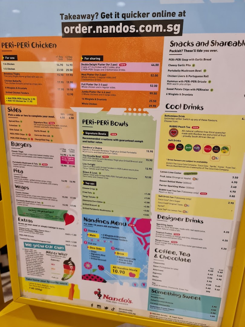 A detailed menu board for Nandos Plaza Singapura, showcasing PERi-PERi chicken, sides, drinks, and desserts.