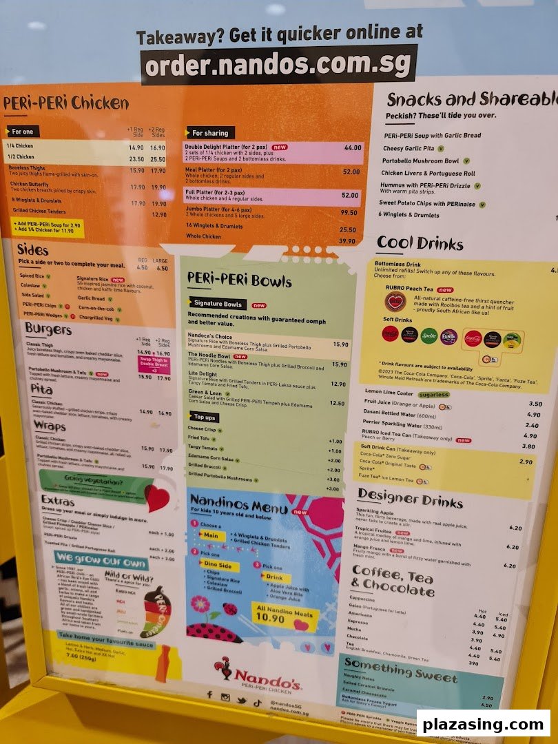 A detailed menu board for Nandos Plaza Singapura, showcasing PERi-PERi chicken, sides, drinks, and desserts.