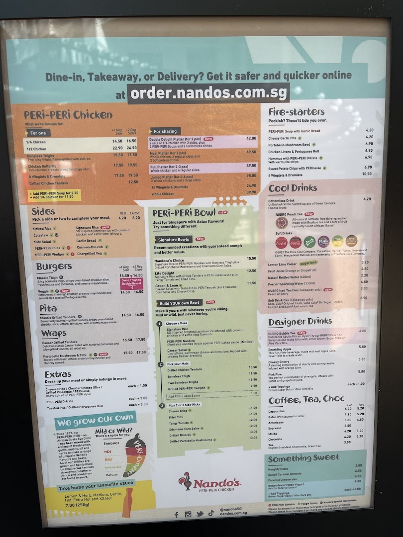 A detailed menu board for Nando's, showcasing their flame-grilled PERi-PERi chicken, sides, drinks, and desserts.
