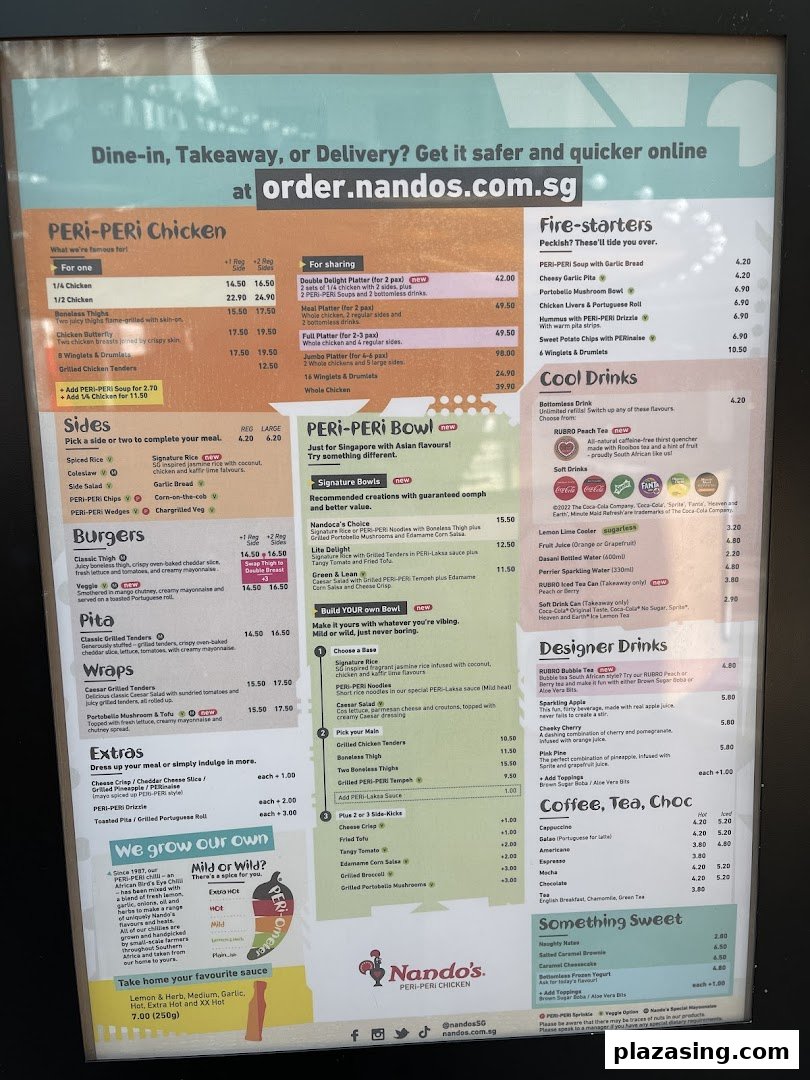 A detailed menu board for Nando's, showcasing their flame-grilled PERi-PERi chicken, sides, drinks, and desserts.