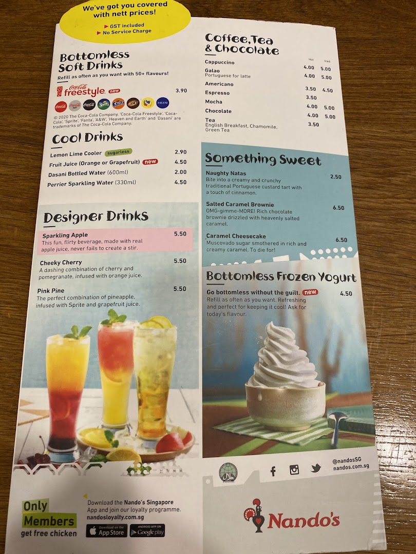 A detailed menu showcasing Nando's beverages, desserts, and bottomless options with prices.