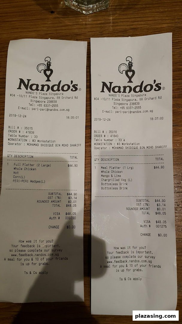 Two Nando's receipts showing details of PERi-PERi chicken orders and customer feedback prompts.