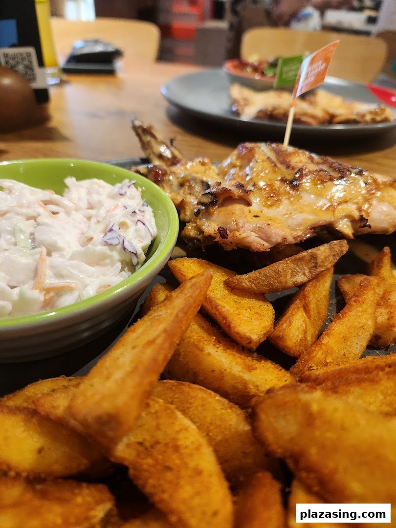 A close-up of Nando's flame-grilled PERi-PERi chicken with coleslaw and potato wedges.