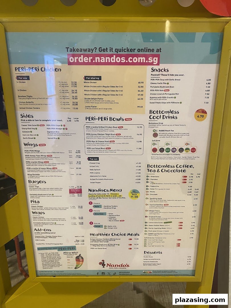 A detailed view of the Nando's menu board displaying flame-grilled PERi-PERi chicken, sides, and drinks.