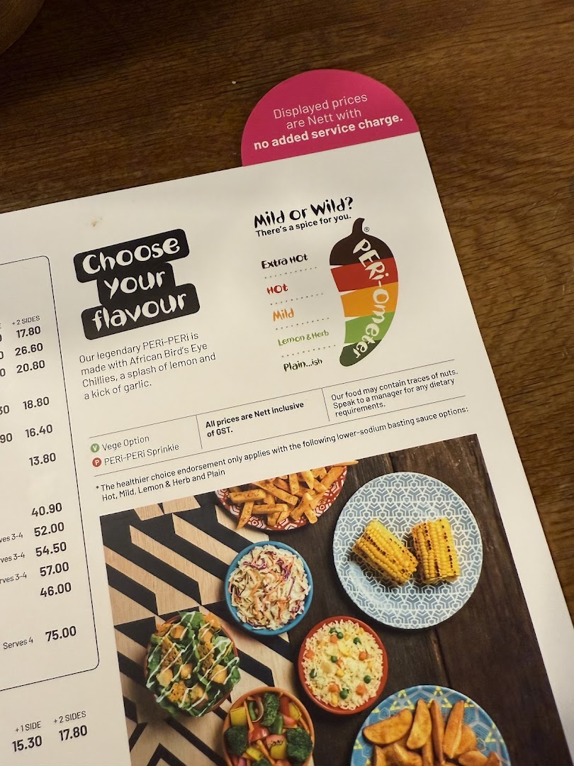 A Nando's menu displaying PERi-PERi flavour options, pricing details, and various side dishes.