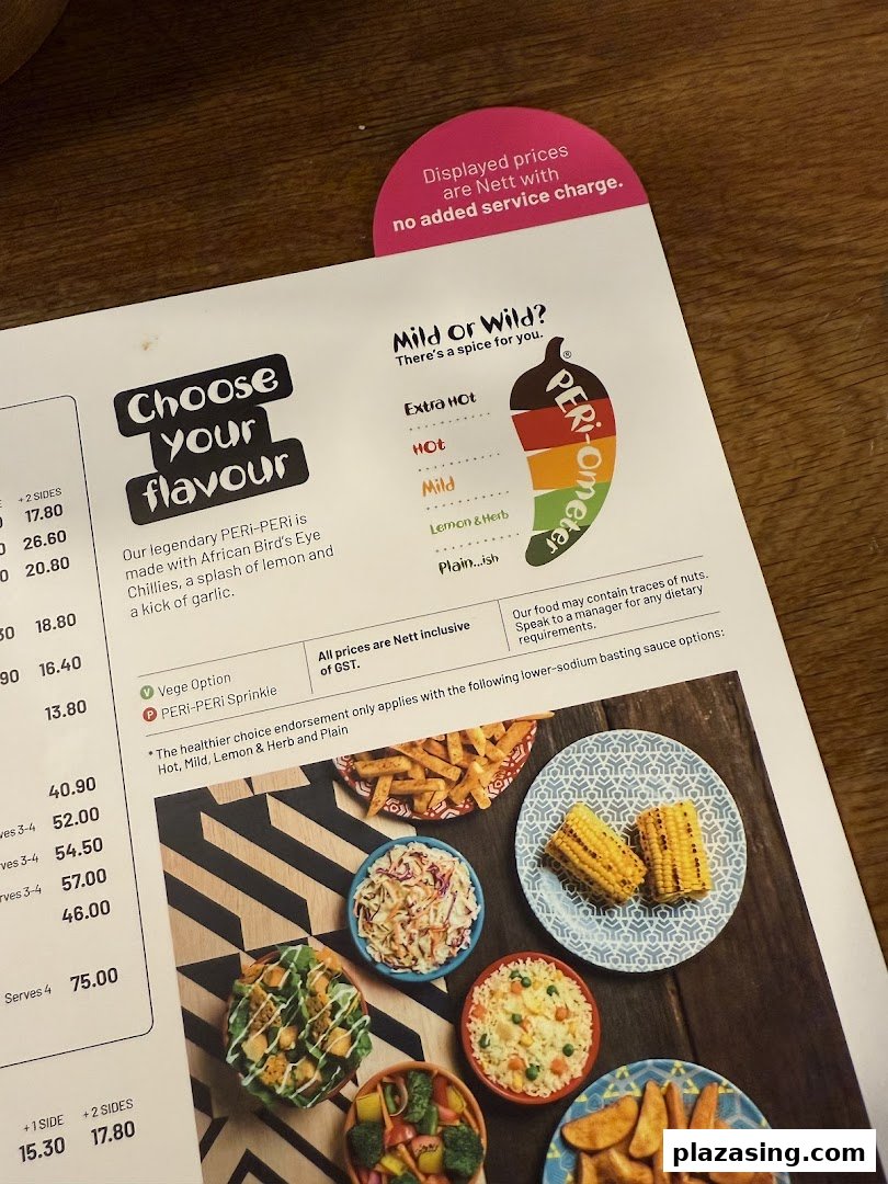 A Nando's menu displaying PERi-PERi flavour options, pricing details, and various side dishes.