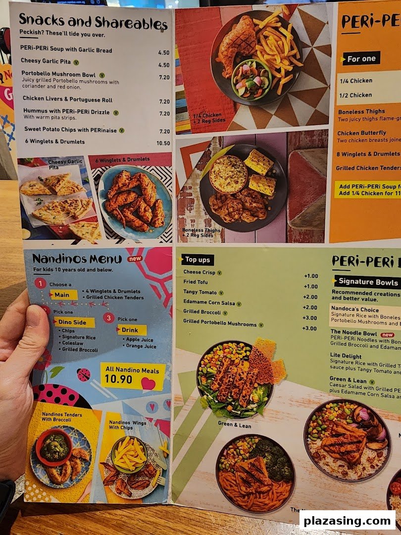 A comprehensive Nando's menu displaying flame-grilled chicken, snacks, and kids' meals.