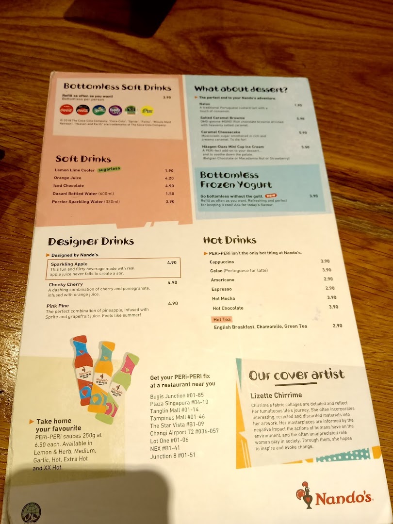 A detailed Nando's menu displaying a variety of drinks, desserts, and additional information.