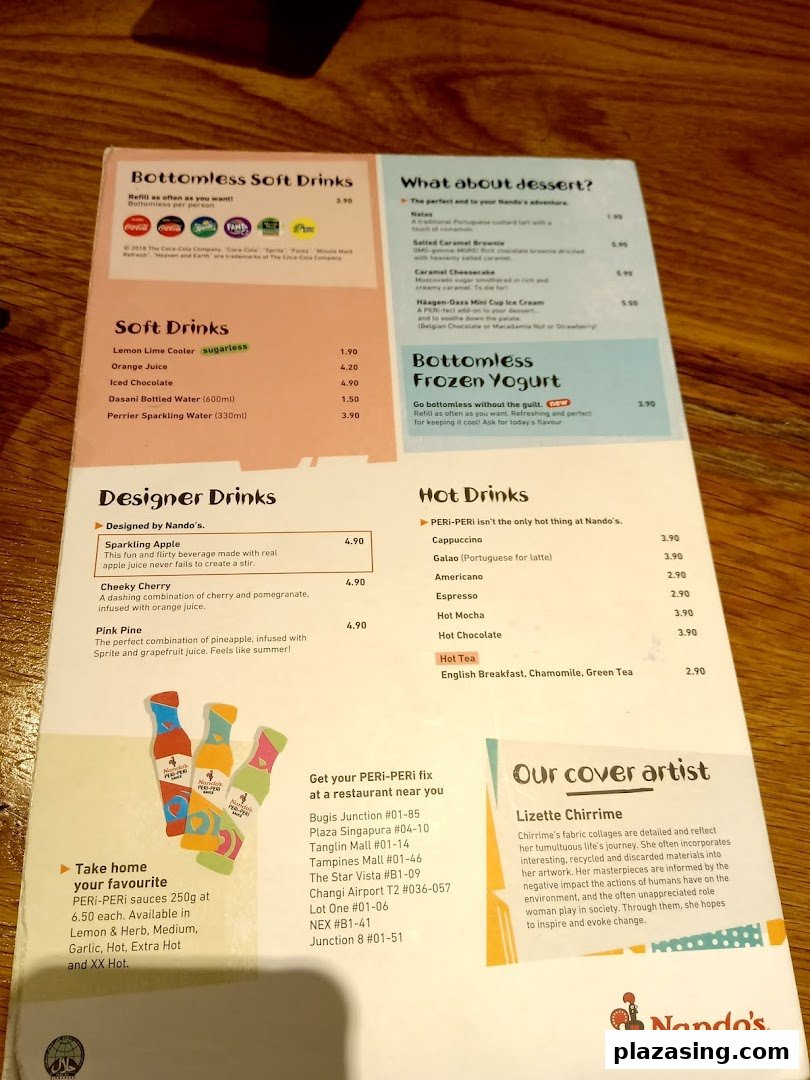 A detailed Nando's menu displaying a variety of drinks, desserts, and additional information.