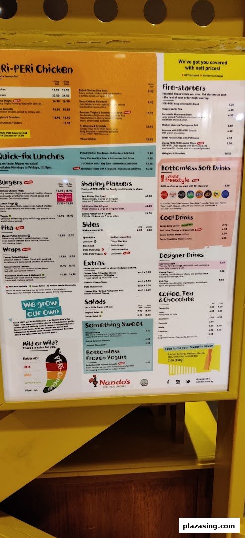 A detailed menu board for Nando's, showcasing their PERi-PERi chicken, sides, drinks, and desserts.
