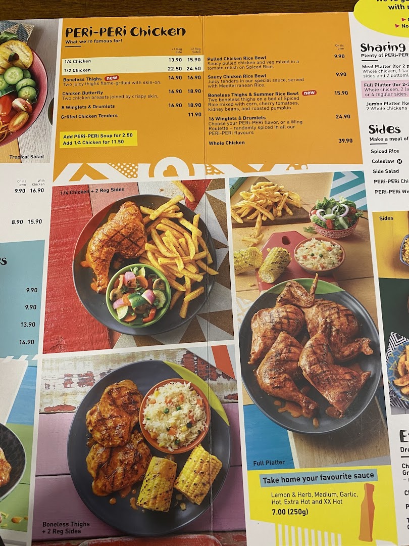 A detailed menu from Nando's, showcasing their signature PERI-PERI chicken, sides, and sauces.