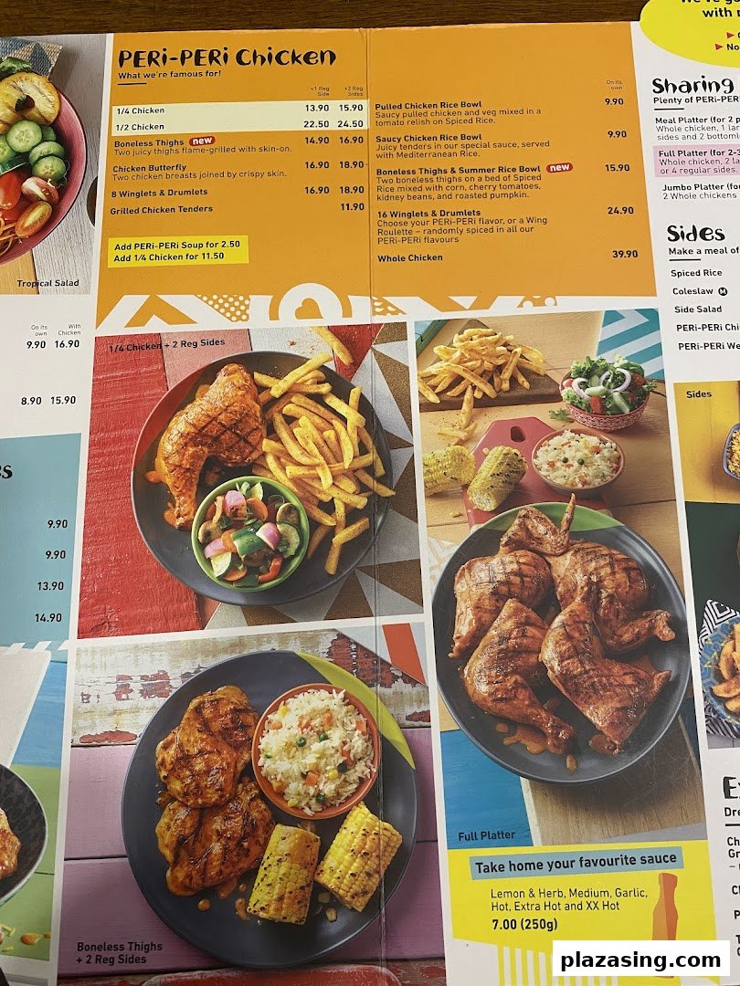 A detailed menu from Nando's, showcasing their signature PERI-PERI chicken, sides, and sauces.