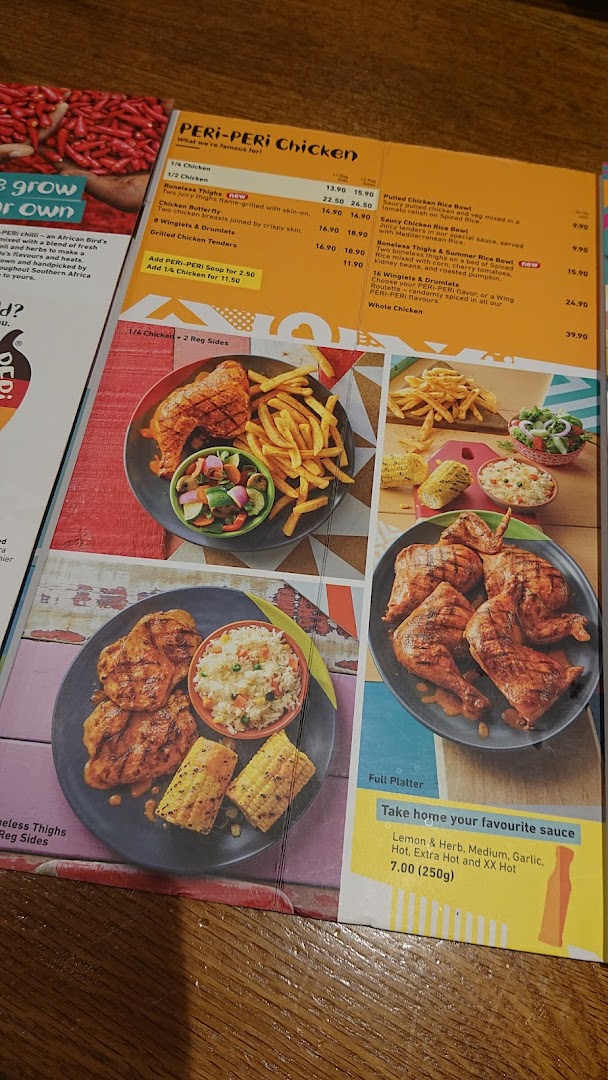 A vibrant Nando's menu showcasing PERi-PERi chicken dishes, sides, and sauces with prices.
