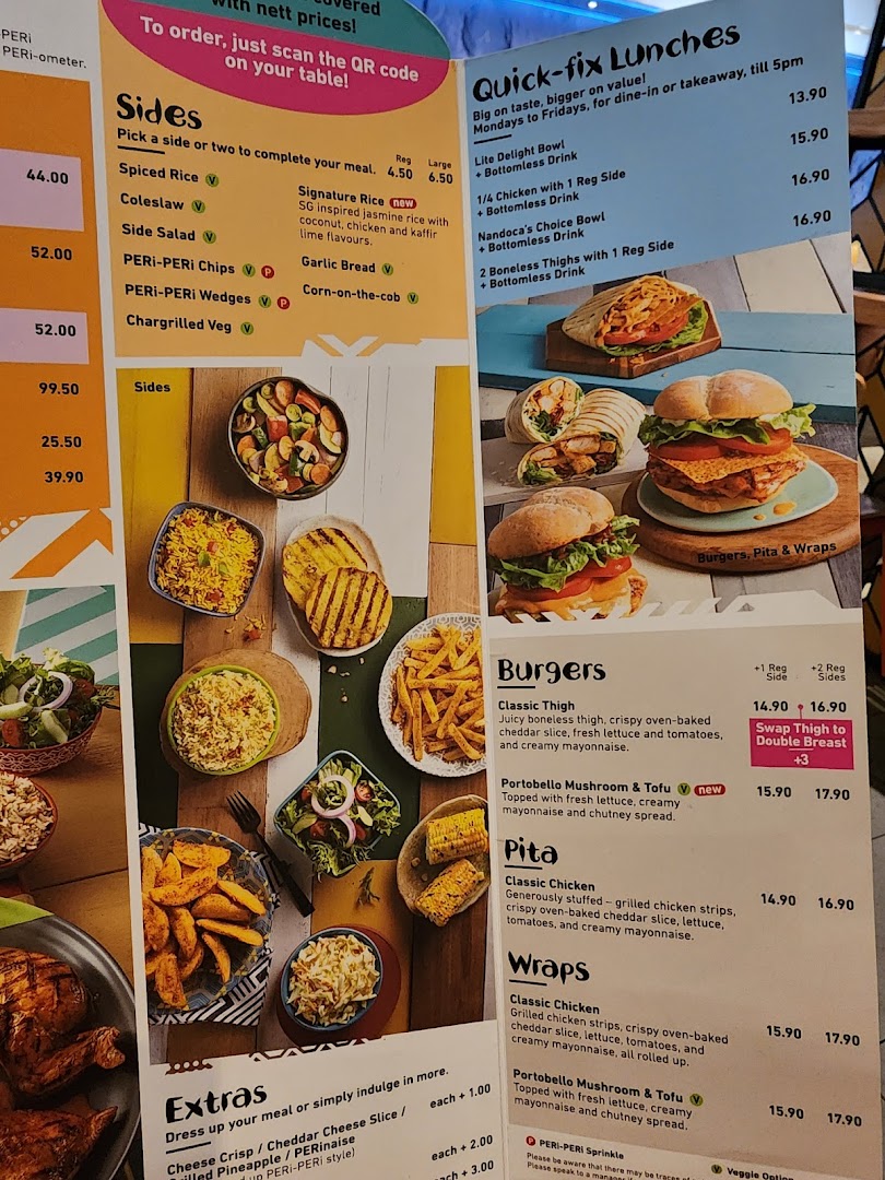 A detailed Nando's menu displaying various PERi-PERi chicken dishes, sides, burgers, pitas, and wraps.