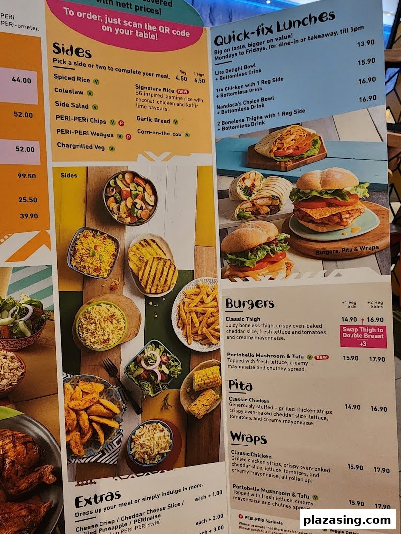 A detailed Nando's menu displaying various PERi-PERi chicken dishes, sides, burgers, pitas, and wraps.