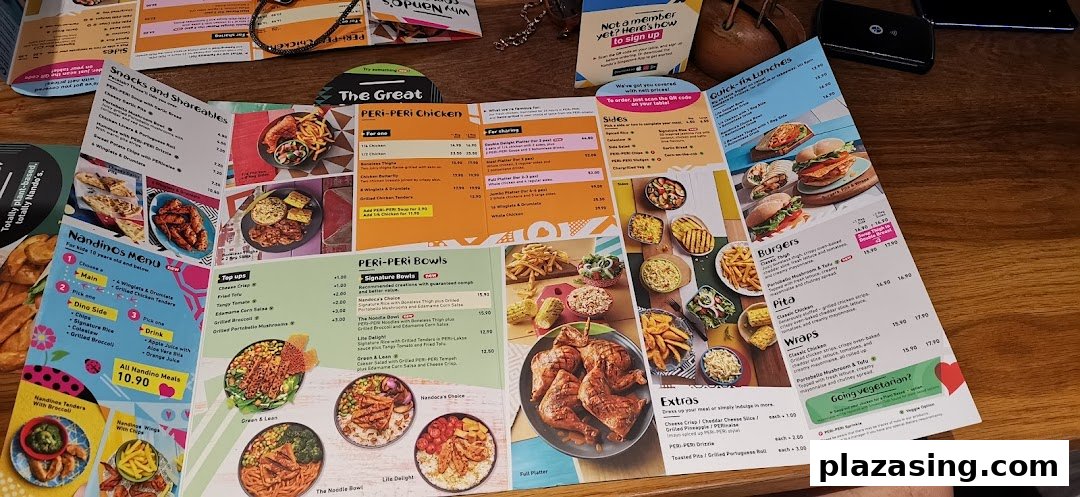 A detailed view of the Nando's menu, showcasing various PERi-PERi chicken dishes and sides.