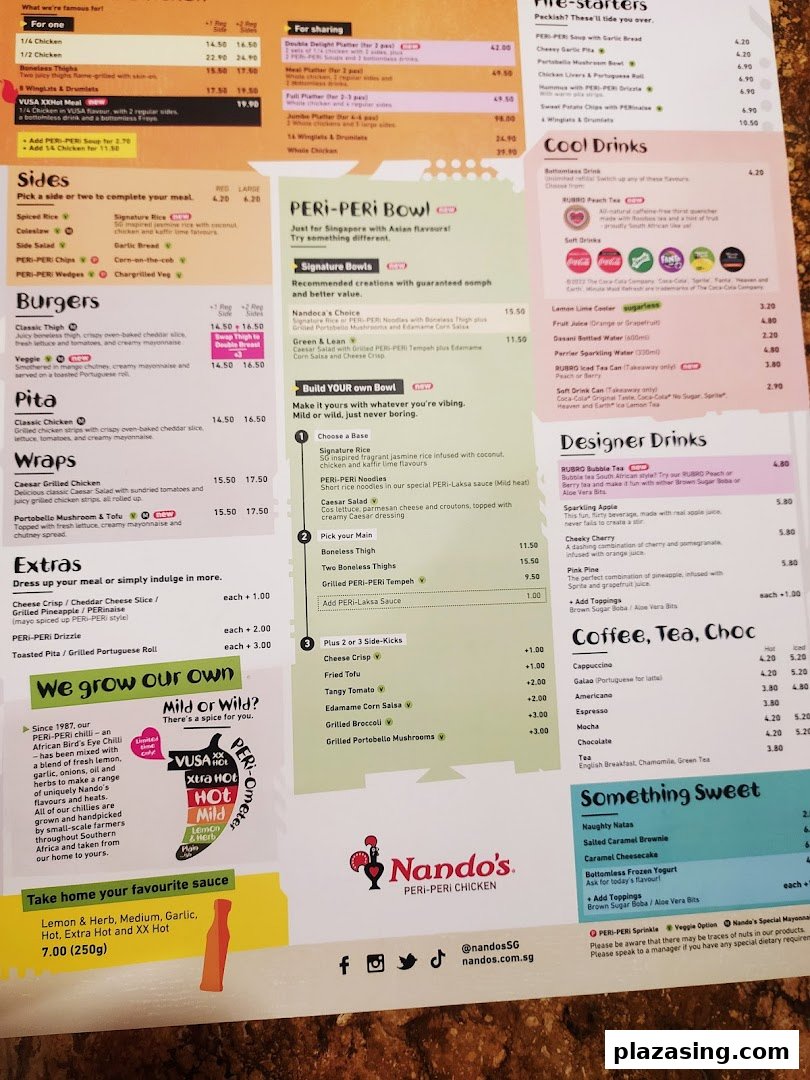 A detailed menu from Nando's featuring a wide range of PERi-PERi chicken dishes, sides, and drinks.