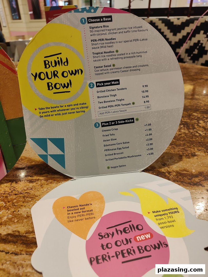A Nando's menu displaying options for building custom PERi-PERi bowls with bases, mains, and side-kicks.