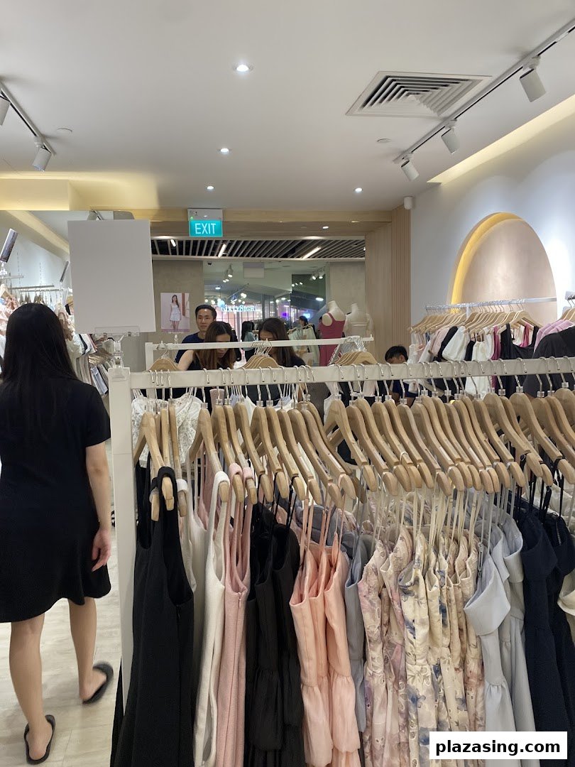 Interior of a clothing store, showcasing racks of dresses and customers browsing.