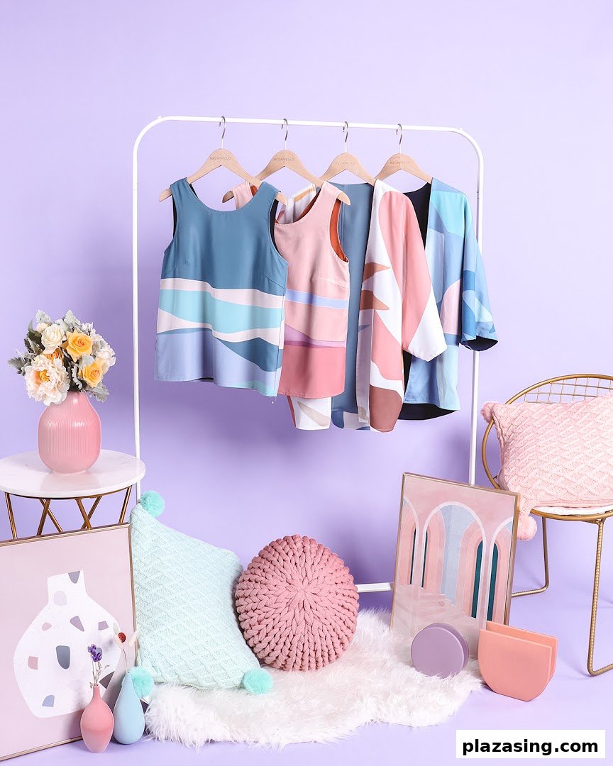 Vibrant patterned clothing on a rack, surrounded by stylish home decor items against a lavender backdrop.