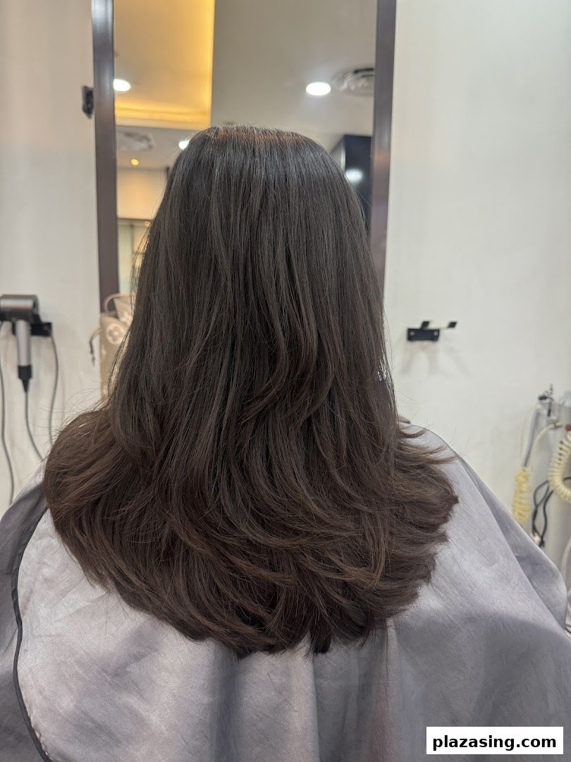 A person with long, layered dark hair wearing a salon cape, seen from behind in a hair salon.