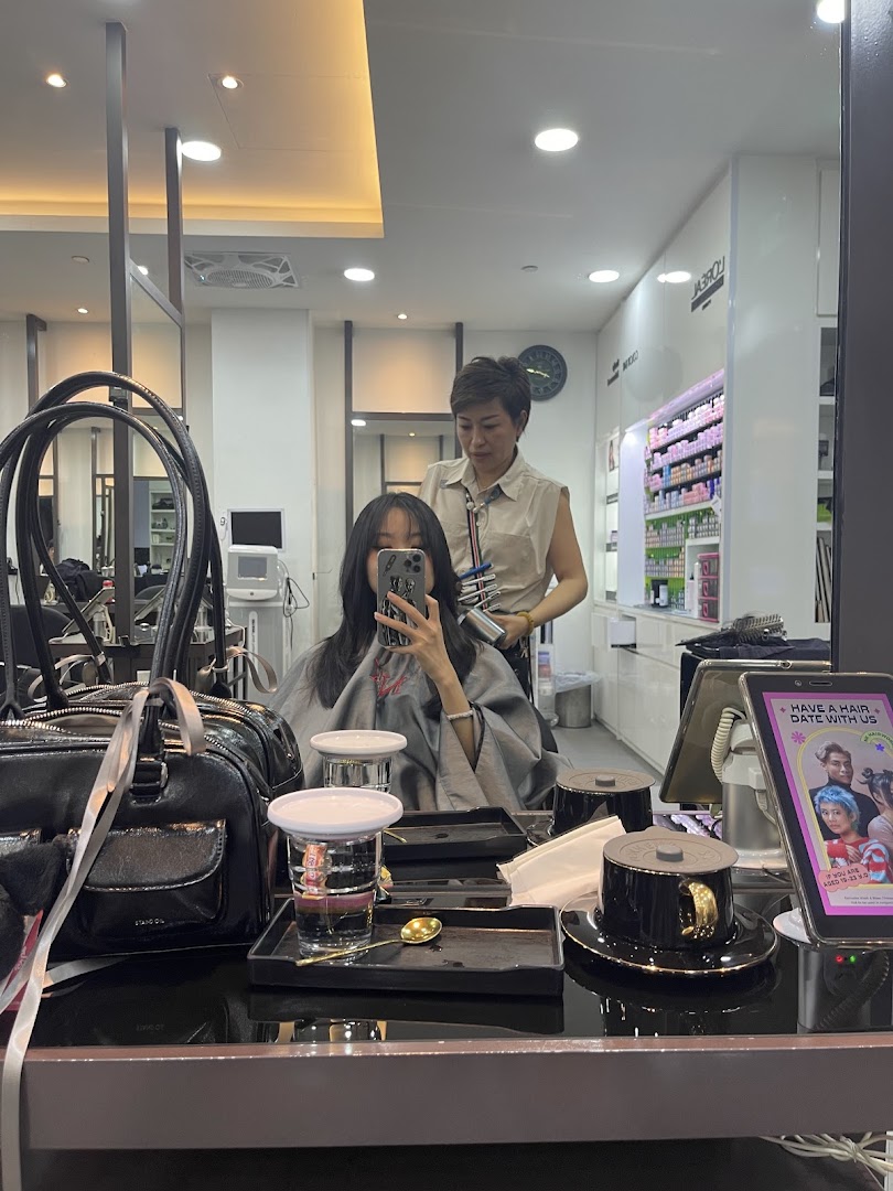 A customer receives professional hair styling from a stylist in a modern salon setting.