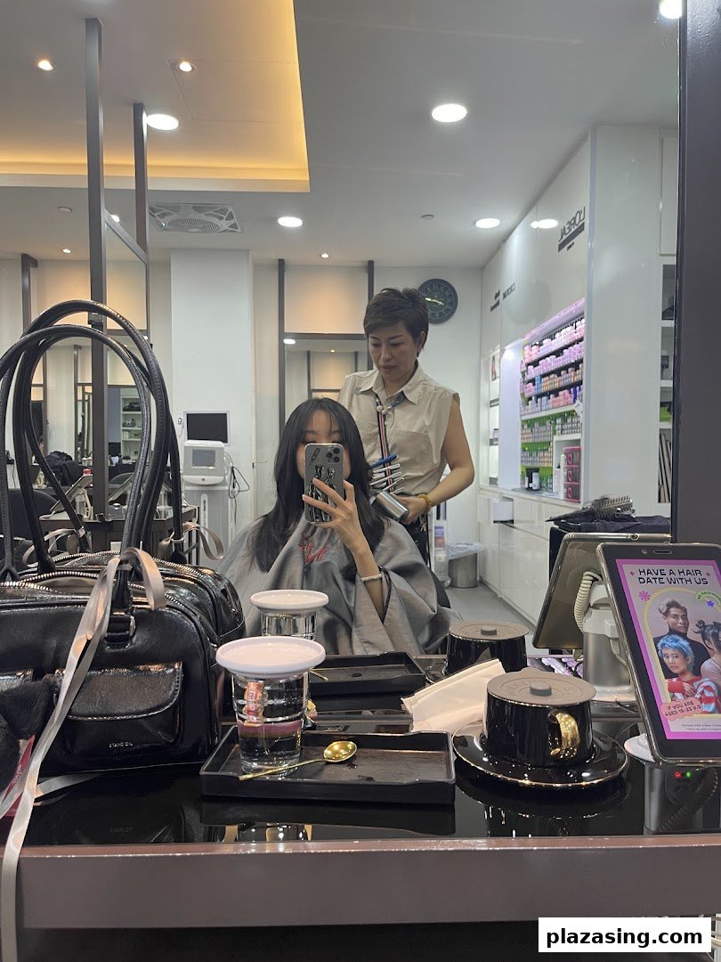 A customer receives professional hair styling from a stylist in a modern salon setting.