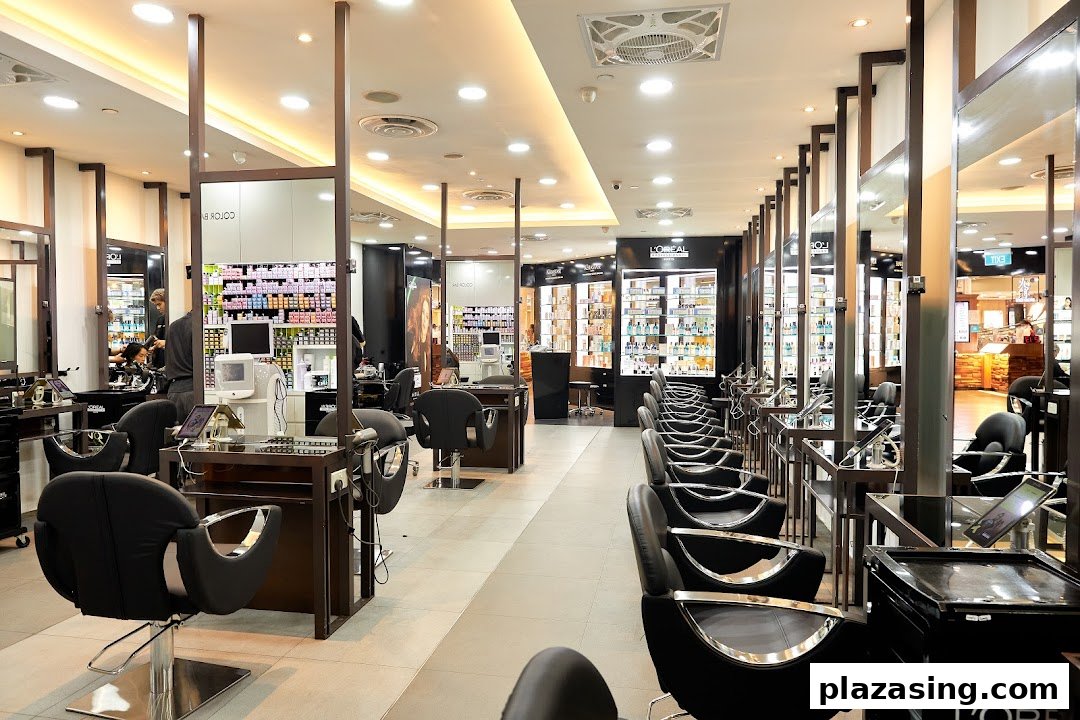Interior view of a modern hair salon with multiple styling stations, mirrors, and product displays.