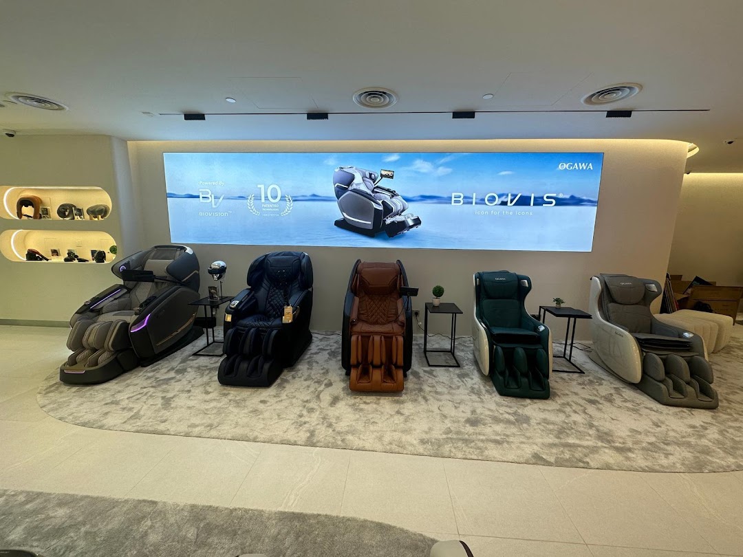 Interior view of OGAWA showcasing a range of luxurious massage chairs on display.