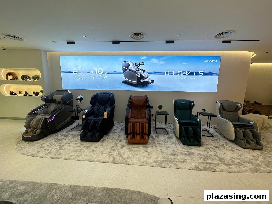 Interior view of OGAWA showcasing a range of luxurious massage chairs on display.