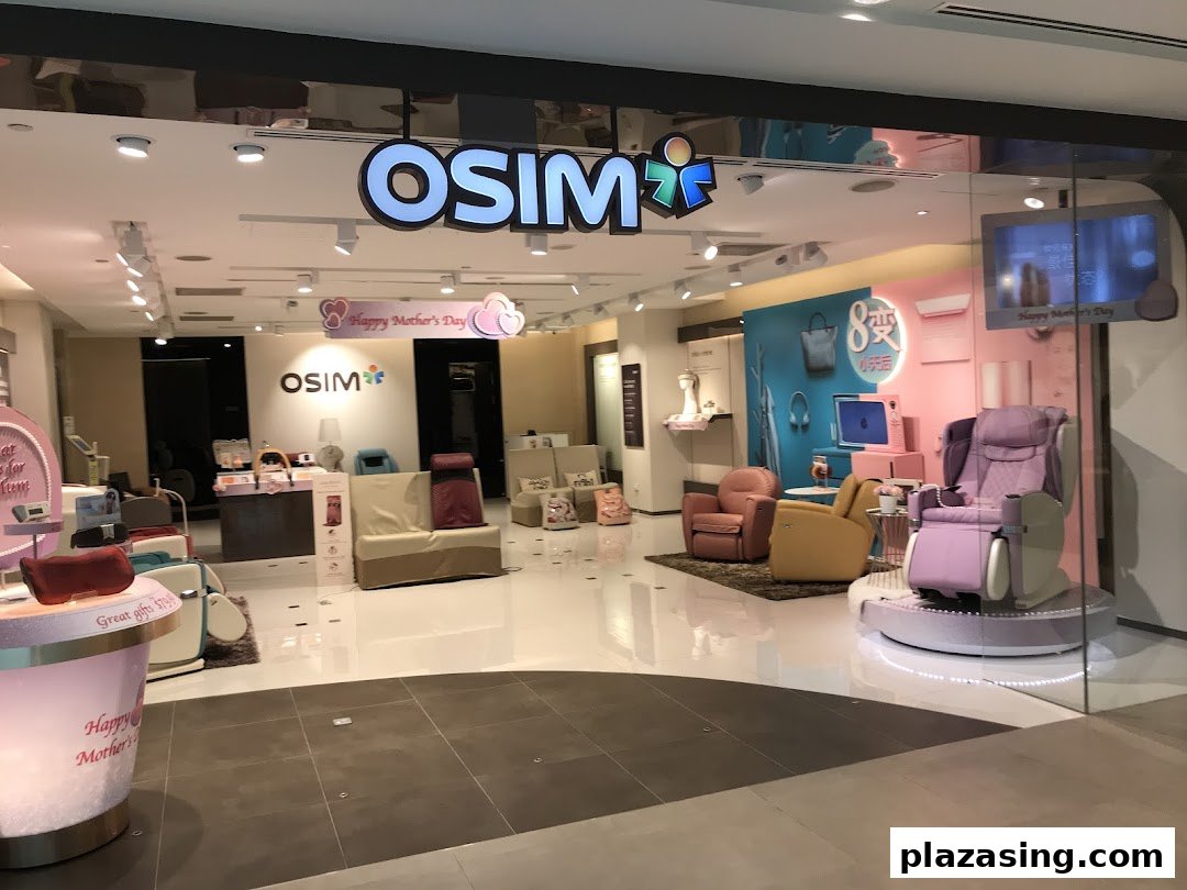 The brightly lit entrance of an OSIM store, featuring various massage chairs and wellness products.