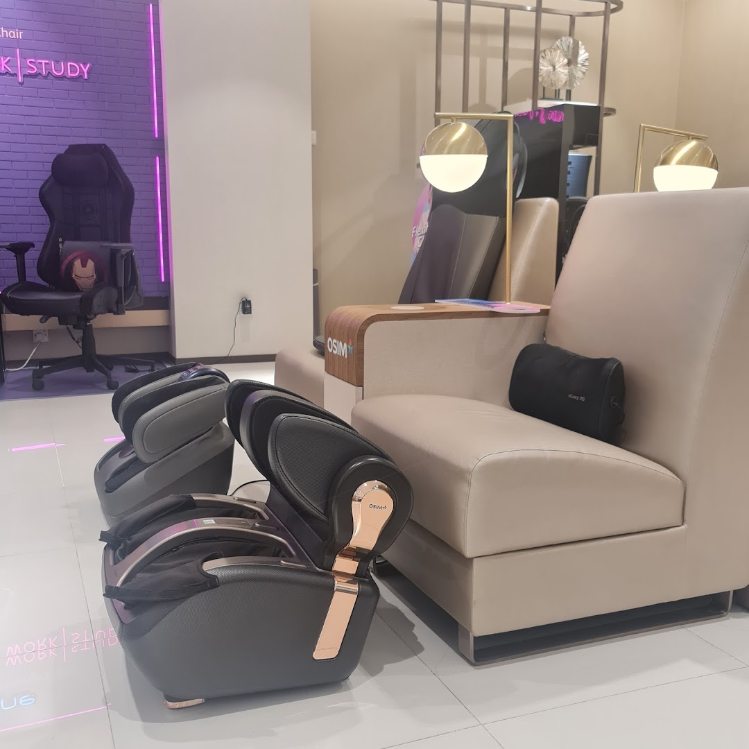Interior view of OSIM store showcasing massage chairs, foot massagers, and ergonomic seating solutions.