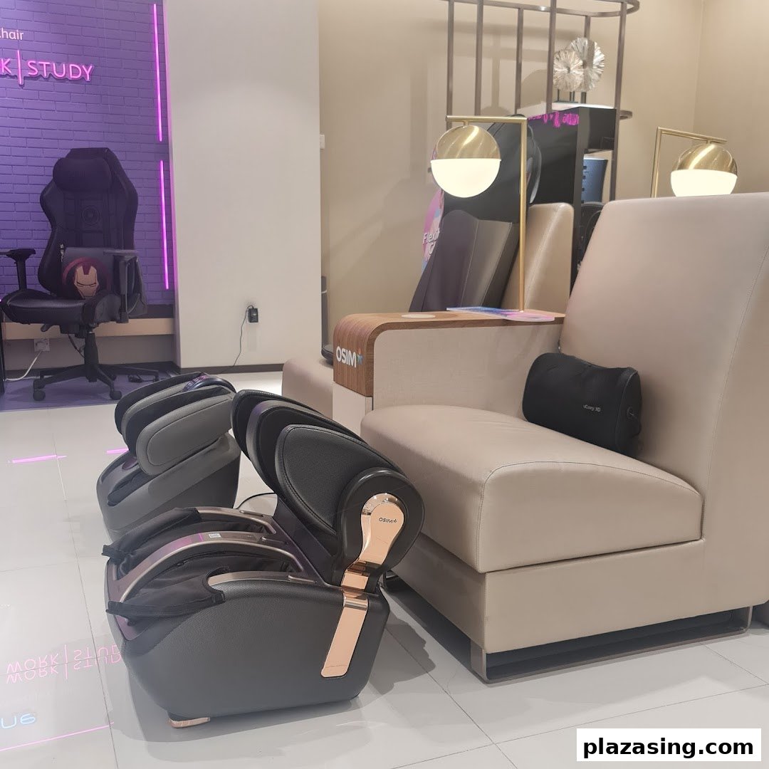 Interior view of OSIM store showcasing massage chairs, foot massagers, and ergonomic seating solutions.