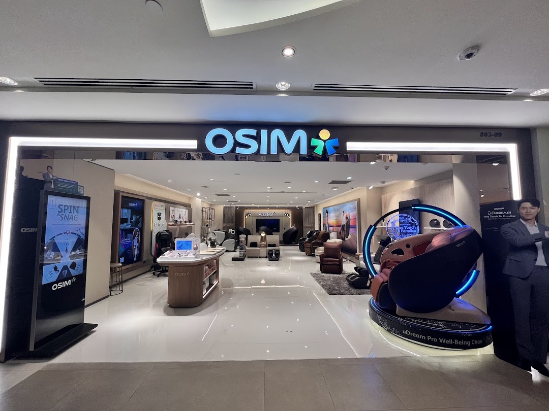 The OSIM store entrance showcasing various massage chairs and wellness products.