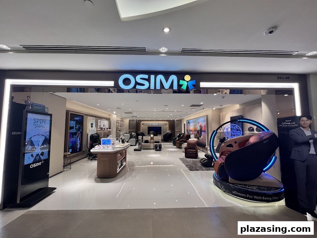 The OSIM store entrance showcasing various massage chairs and wellness products.